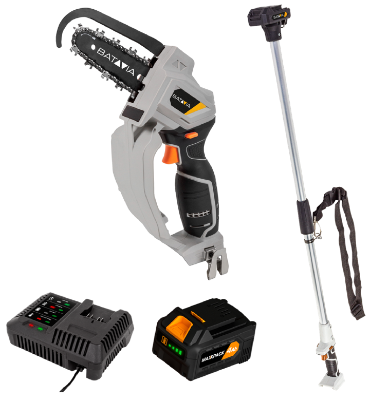 BATAVIA Akku-Einhand-Kettensäge-Set inkl. 4 Ah Akku, Ladegerät und Teleskopstiel